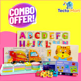 MEGA PUZZLE COMBO (1nos ABC Wooden Puzzle with Pins BIG + 1nos 10Pcs Wooden Puzzle BIG + 1nos 5Pcs Wooden Puzzle SMALL + 1nos Wooden Shape Puzzle + 1nos Crazy Face Puzzle with TIN Box)
