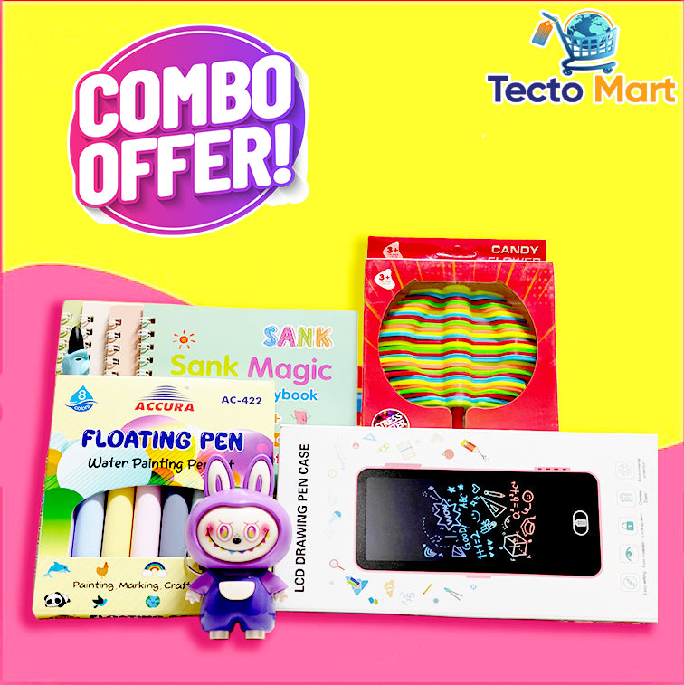 BEST SELLING COMBO (4nos SANK BOOK with 10 Refills + 1nos LCD Display Pecil Box + 1nos Face Changing Labobu Keychain + 1nos 10Colour Floating Pens + 1nos Candy Flower)