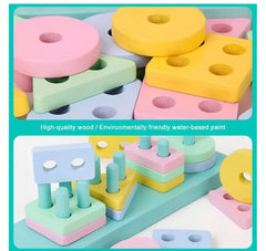 TM137 Kids Wooden colour and Angle Geometric Blocks Stacker Shape Sorter Column Puzzle Stacking Set - 4 Columns