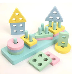 TM137 Kids Wooden colour and Angle Geometric Blocks Stacker Shape Sorter Column Puzzle Stacking Set - 4 Columns