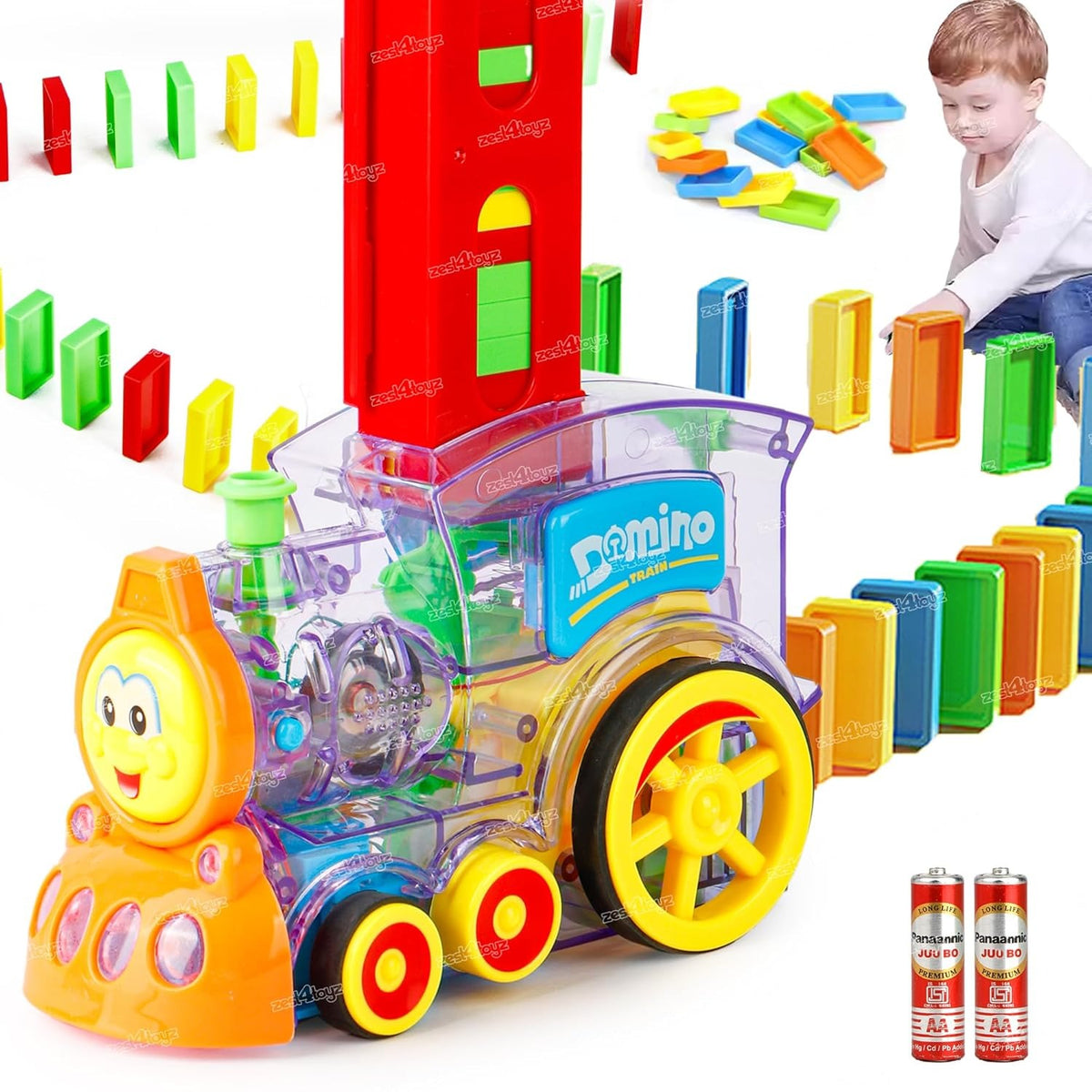 TM119  Dominos Train Toy, 40 Pieces Domino Blocks Set, Musical Light-up Automatic Block Laying Train, Ages 1-10 Years