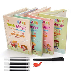 TM125 Sank Magic Practice Copybook, (4 BOOK +1 PEN + 10 REFILL) Number Tracing Book for Preschoolers with Pen, Magic calligraphy books for kids Reusable Writing Tool
